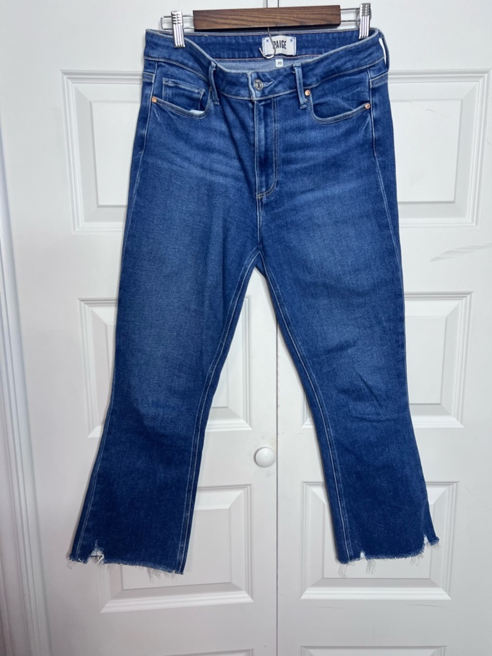 PAIGE Colette Crop Flare Jeans Size 30 High Rise Raw Hem Stretch Denim